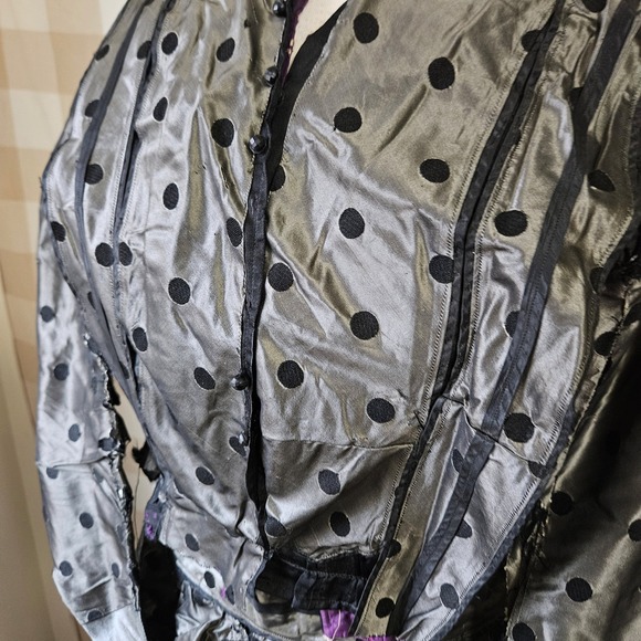 Antique Victorian 1870s Black Silver Silk Taffeta 2 Piece Day Dress Corset M - Picture 3 of 16